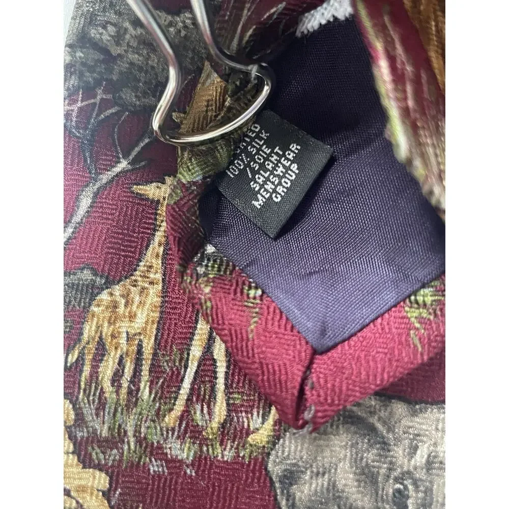WWF World Wildlife Fund Safari Animal Tie Lions Elephant Giraffe Burgundy Silk